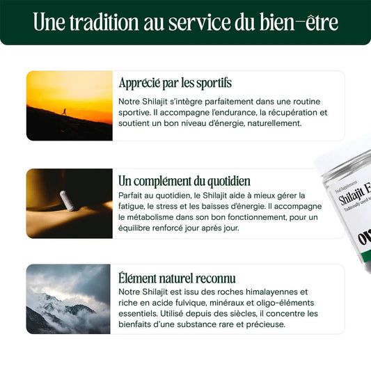 Visuel illustrant trois bienfaits du Shilajit Overend : apprécié par les sportifs pour l’endurance et la récupération, complément du quotidien contre la fatigue et le stress, et ingrédient naturel reconnu, issu des roches de l’Himalaya, riche en acide fulvique et oligo-éléments.